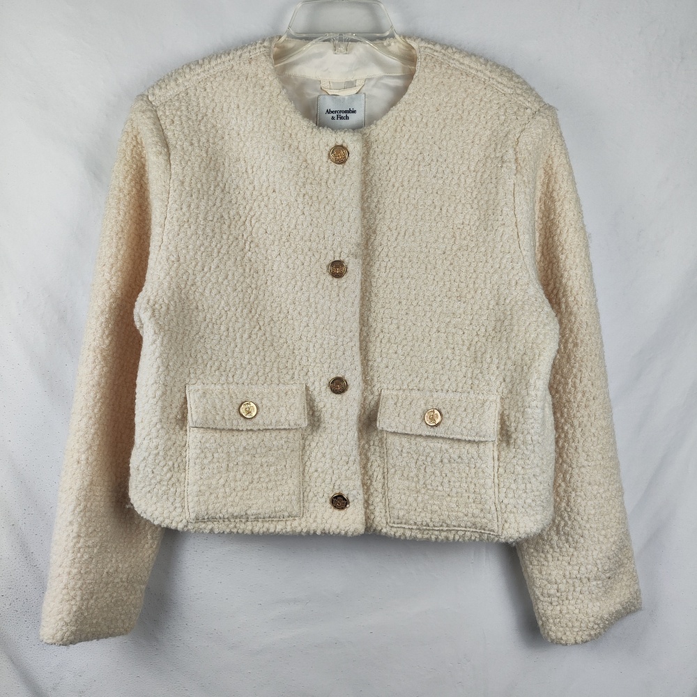 Abercrombie & Fitch Short Jacket Womens Large White Wool Collarless Pockets